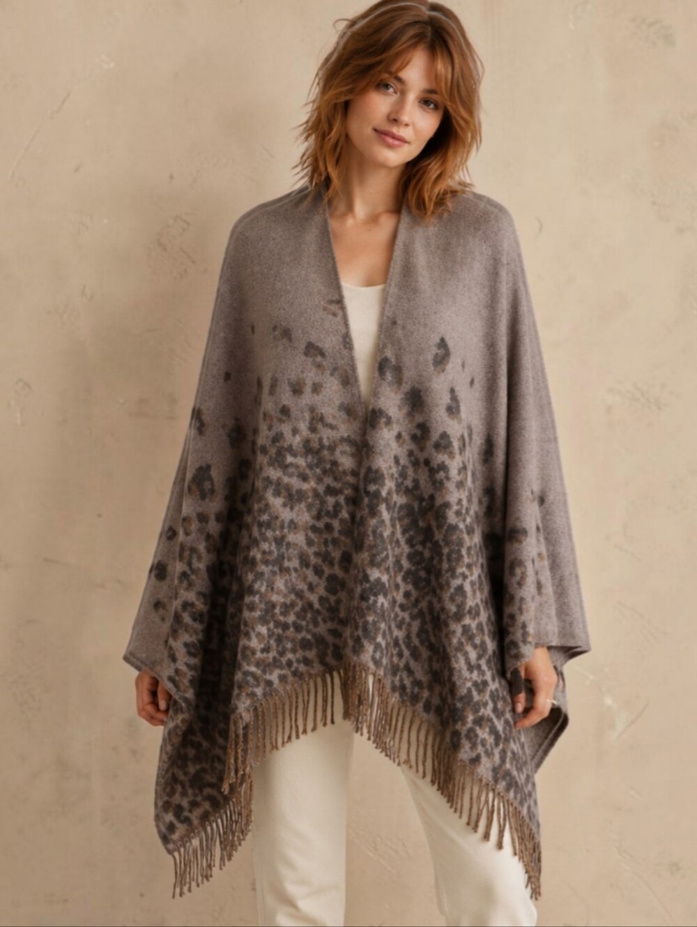 Mixit Cheetah Print Cape/Wrap Brown Black Fringe Wrap Cozy Luxe One Size